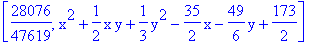 [28076/47619, x^2+1/2*x*y+1/3*y^2-35/2*x-49/6*y+173/2]
